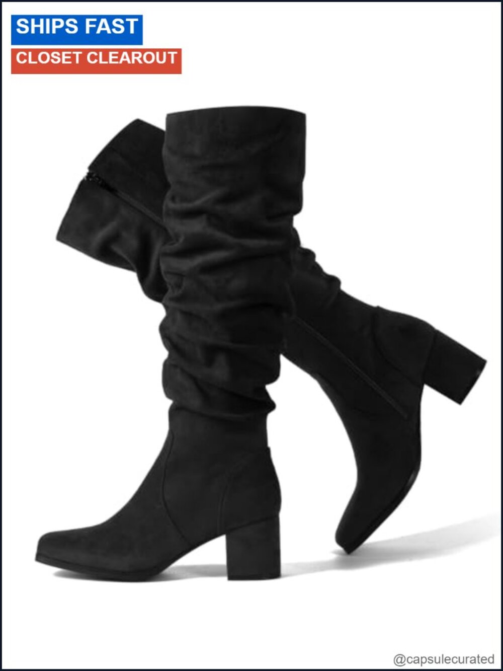 Slouchy Suede Knee High Boots Chunky Heel Square Toe Fall